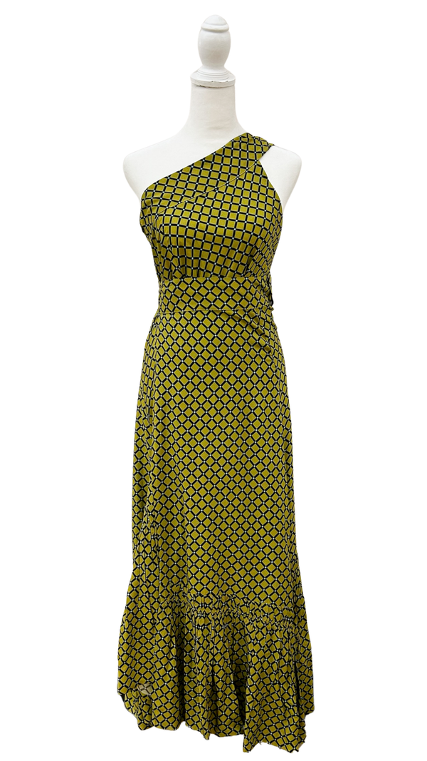 Green patterned dress on a mannequin against a white background