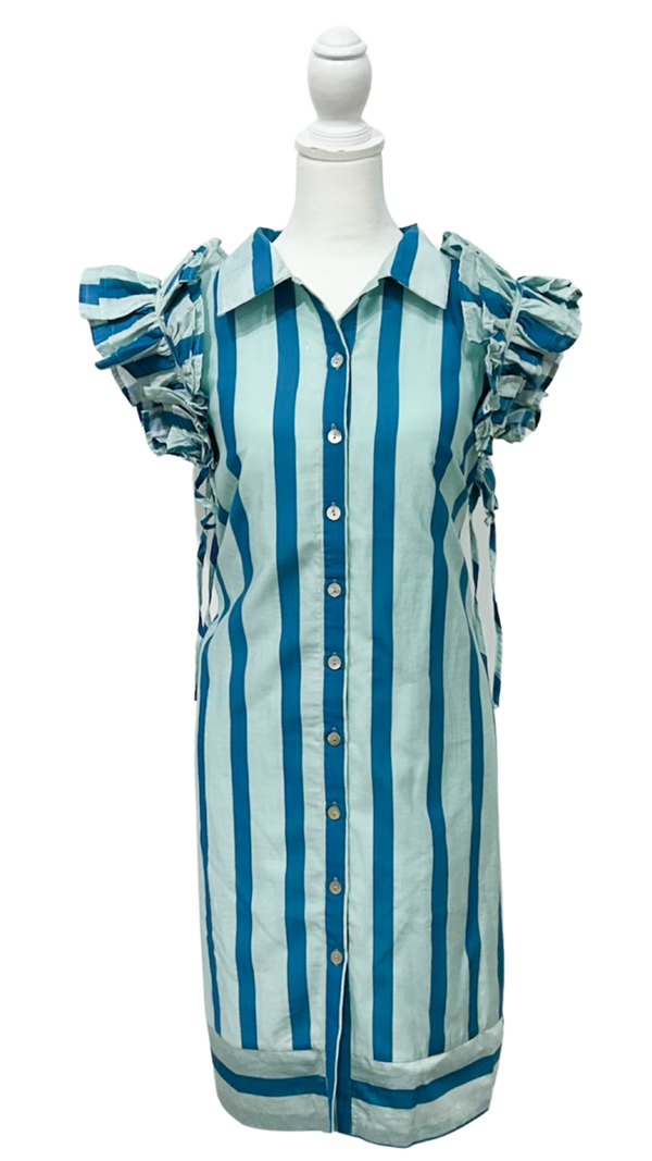Cabana Stripe Ruffle Sleeve Dress - Aqua