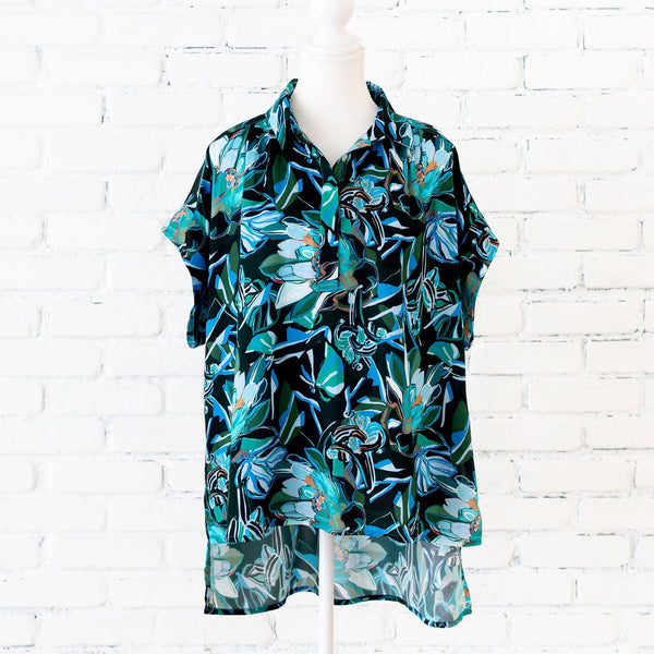 Painted Protea Cap Sleeve Hi-Lo Top - Ocean