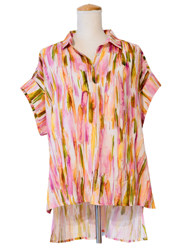 Pastel Brushstrokes Cap Sleeve Hi-Lo Top