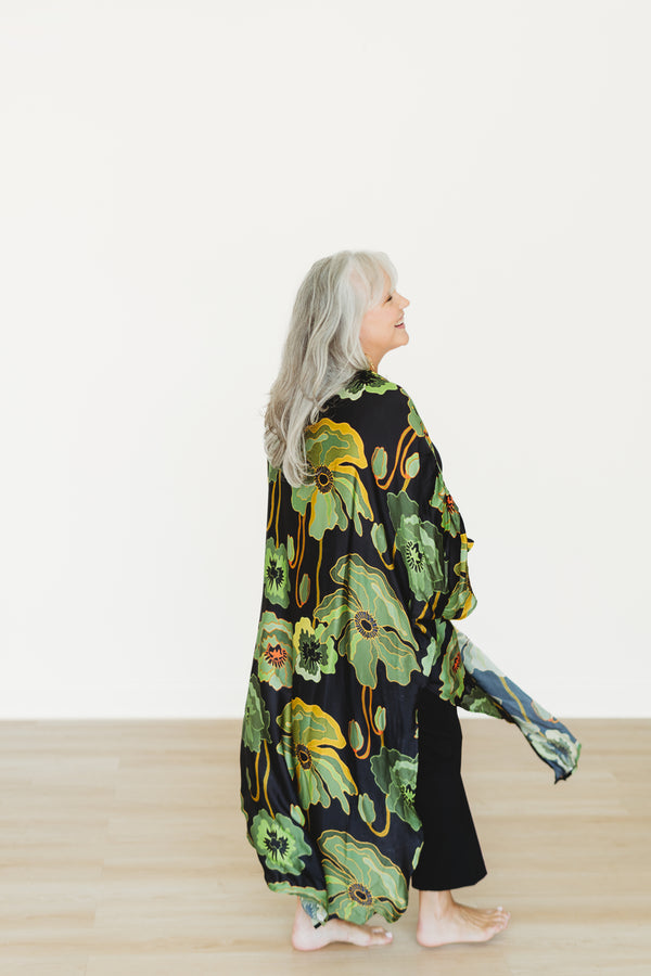 Fall Poppy- Green Long Kimono