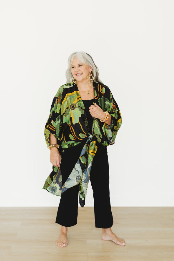 Fall Poppy- Green Long Kimono