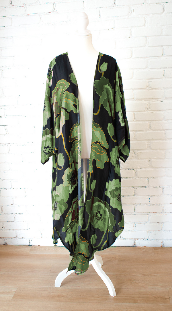 Fall Poppy- Green Long Kimono