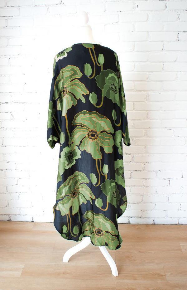 Fall Poppy- Green Long Kimono