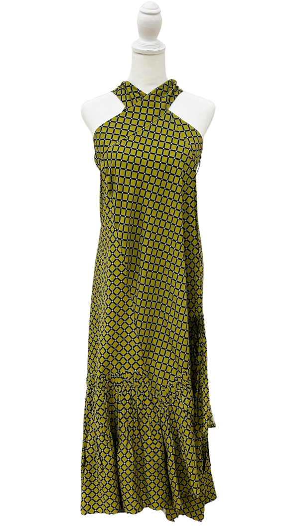 Green patterned dress on a mannequin against a white background