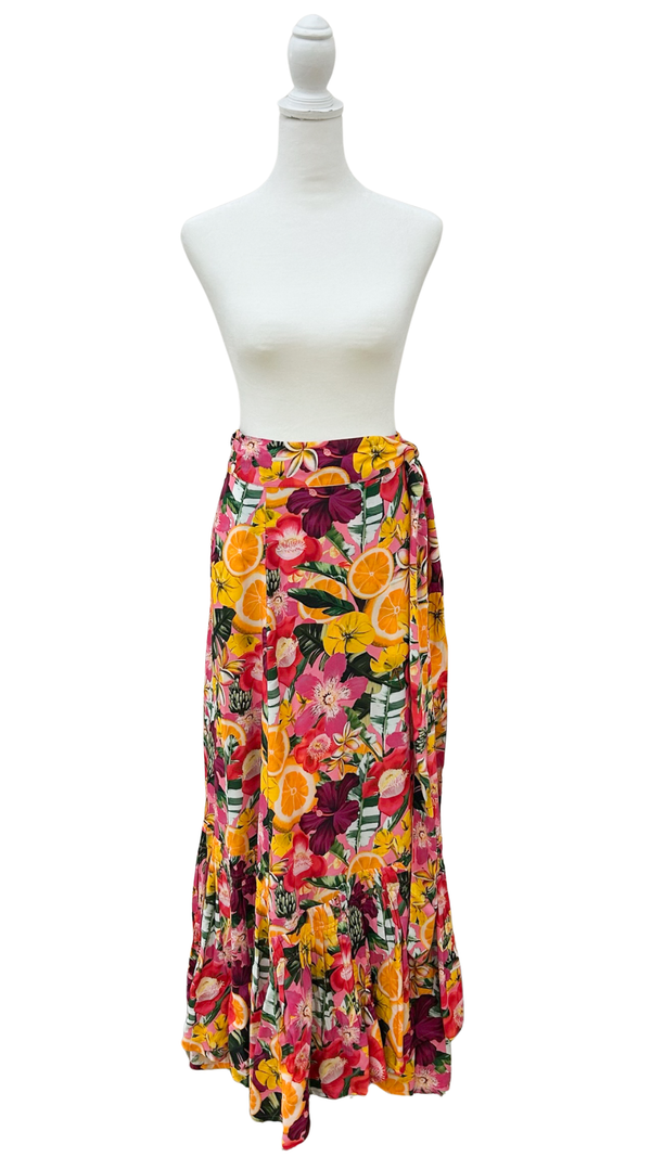 A multicolor floral print maxi skirt displayed on a white mannequin torso against a white background.
