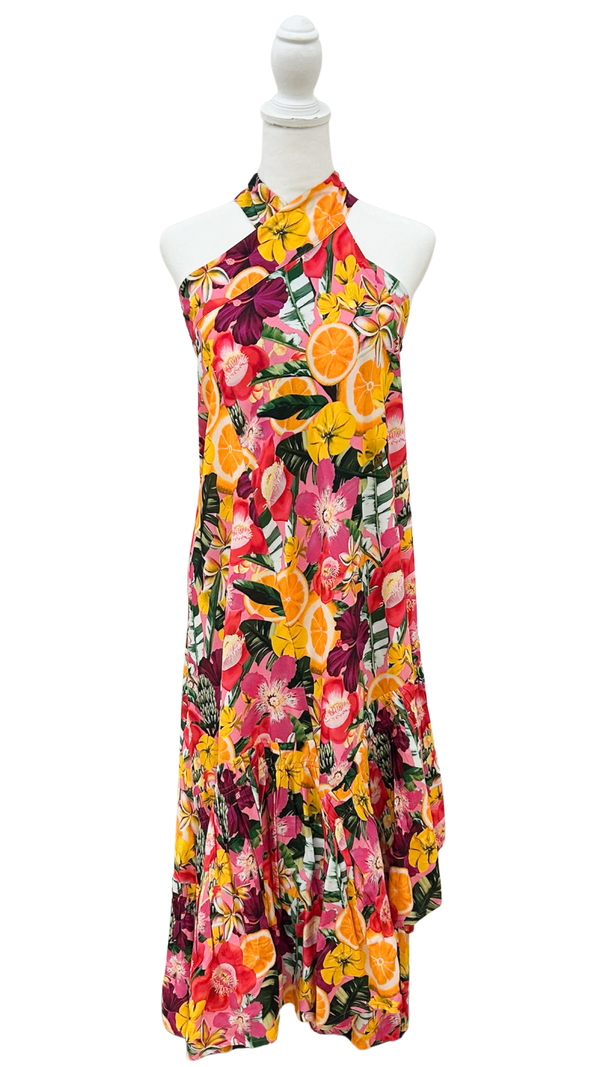 A sleeveless halter-neck maxi dress with a vibrant, dense floral print, displayed on a white mannequin torso against a plain white background.