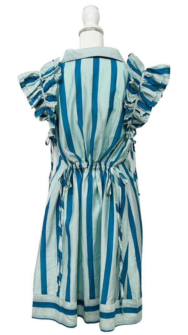 Cabana Stripe Ruffle Sleeve Dress - Aqua