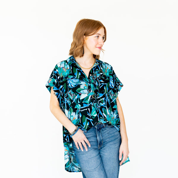 Painted Protea Cap Sleeve Hi-Lo Top - Ocean