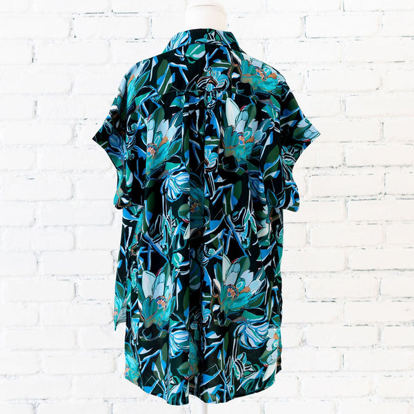 Painted Protea Cap Sleeve Hi-Lo Top - Ocean