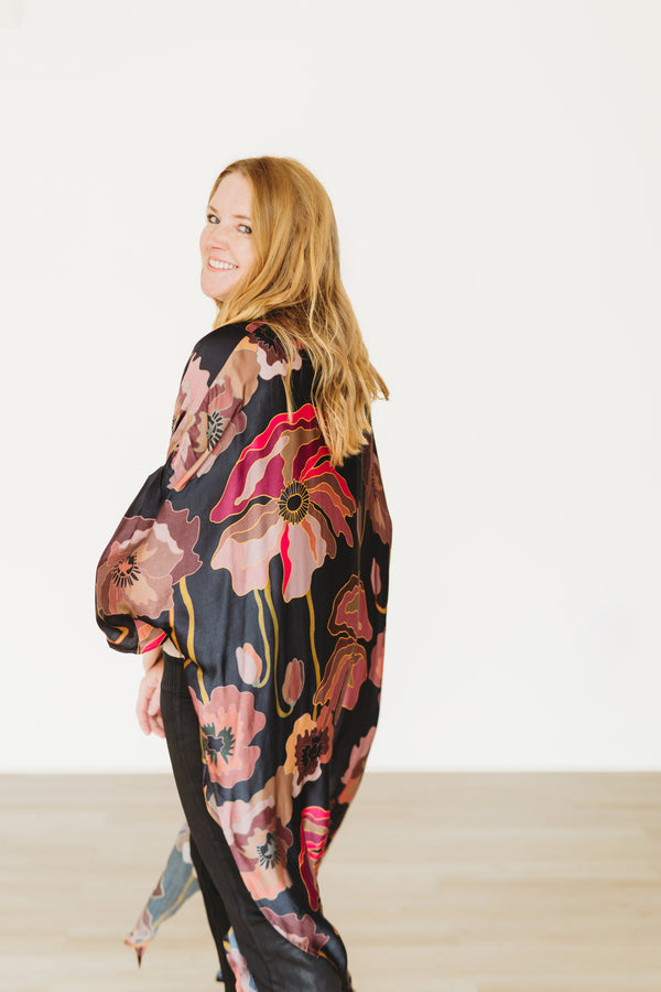 Fall Poppy- Pink Long Kimono