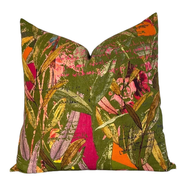 Decorative pillow with a colorful floral pattern on a white background