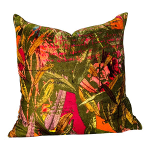 Colorful floral-patterned pillow on a white background