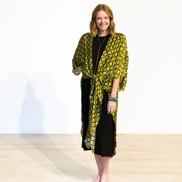 Lattice Grid Long Kimono