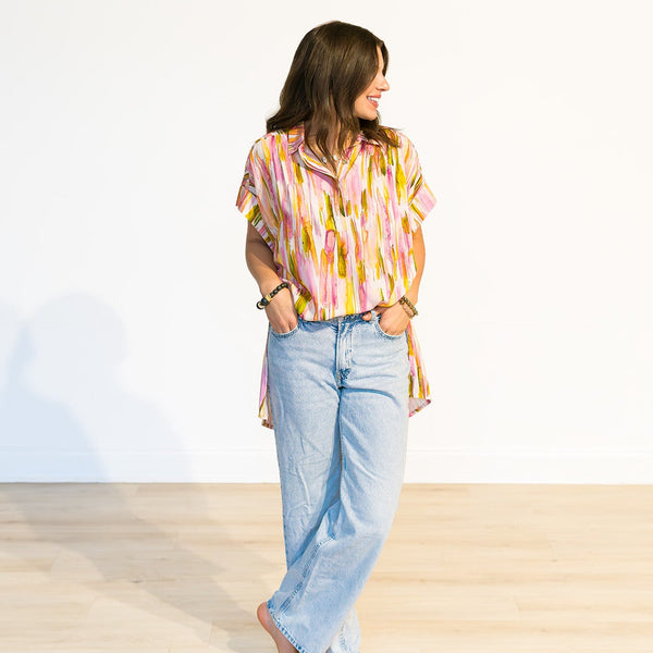 Pastel Brushstrokes Cap Sleeve Hi-Lo Top