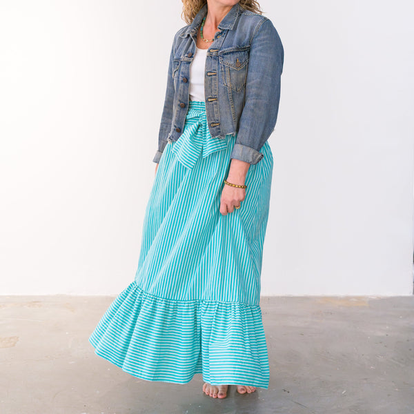 Tie Front Maxi Skirt - Aqua Candy Stripe