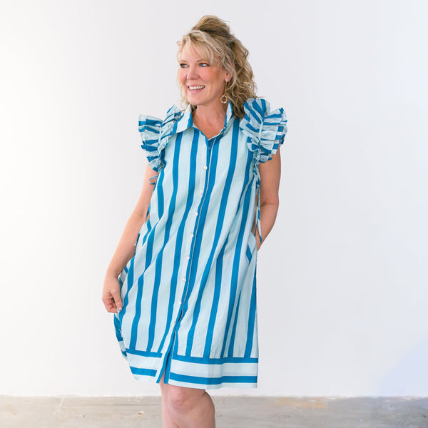 Cabana Stripe Ruffle Sleeve Dress - Aqua