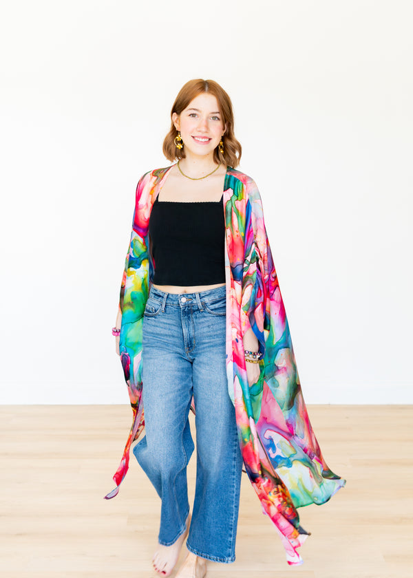 Watercolor Floral Long Kimono