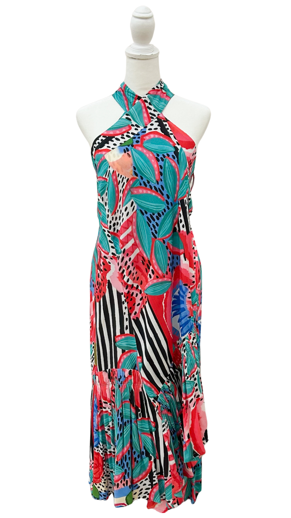 Colorful patterned dress on a mannequin against a white background