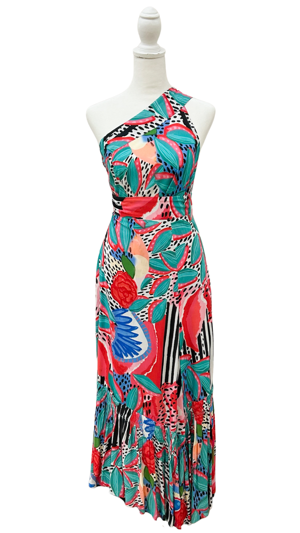 Colorful floral dress on a mannequin against a white background