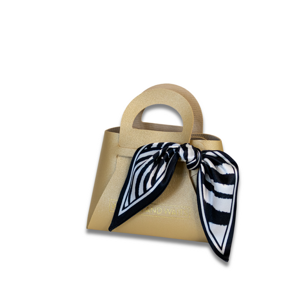 Beige handbag with a zebra print scarf on a white background